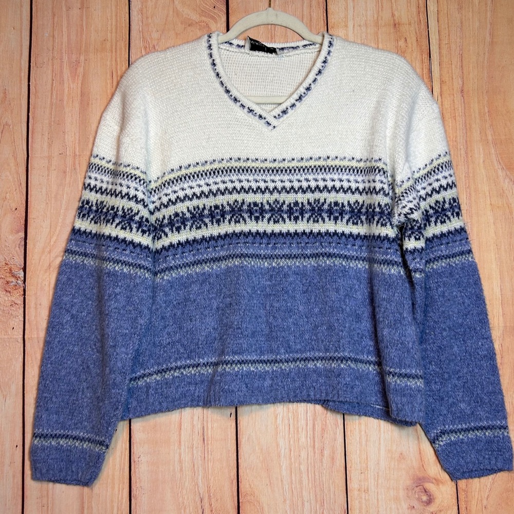Sweater Project Fair Isle Knit V-Neck Sweater Womens XL Blue White Snowflake Y2K